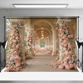 Aperturee Aperturee Romantic Hallway Photography Backdrop Pink Floral Columns at a Palace Elegant Wedding Aisle or Reception Decor